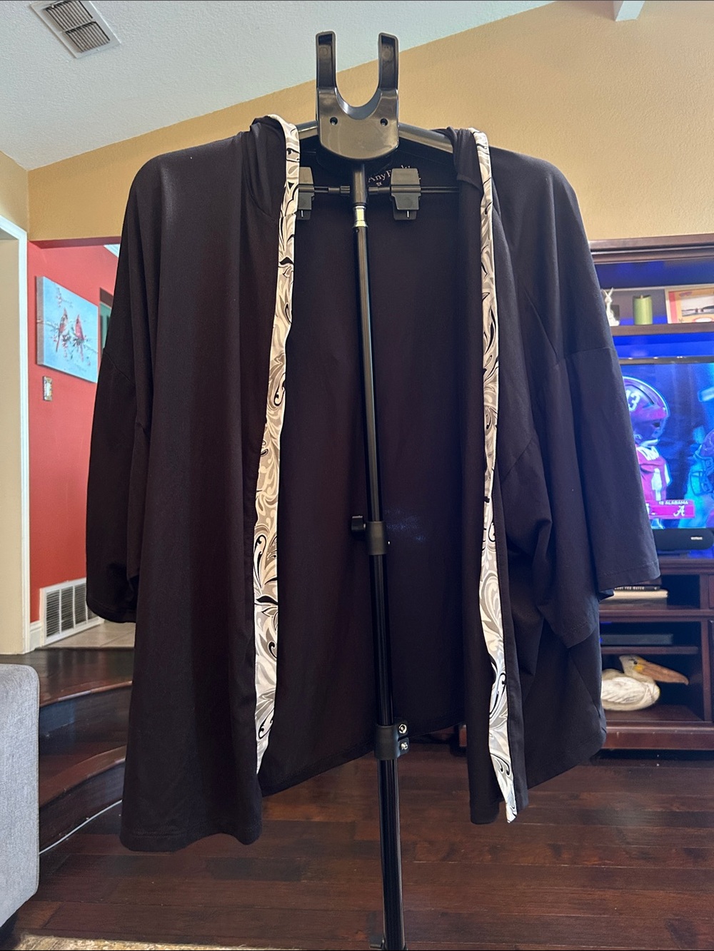 AnyBody Black Open-Front Hoodie with White Printed Trim